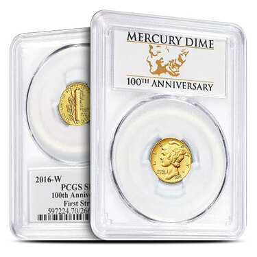 2016 W Mercury Dime Centennial Gold Coin w/ BOX & COA 1/10 oz 24k Gold 10¢ 