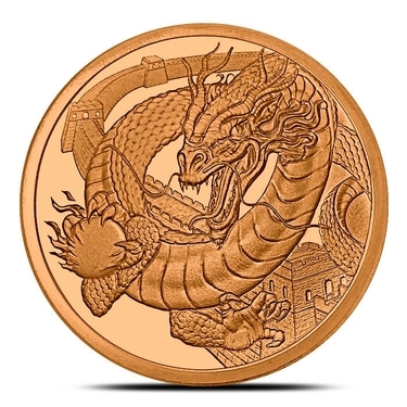 #142 1 oz Copper Round Winged Dragon Spitting Fire 